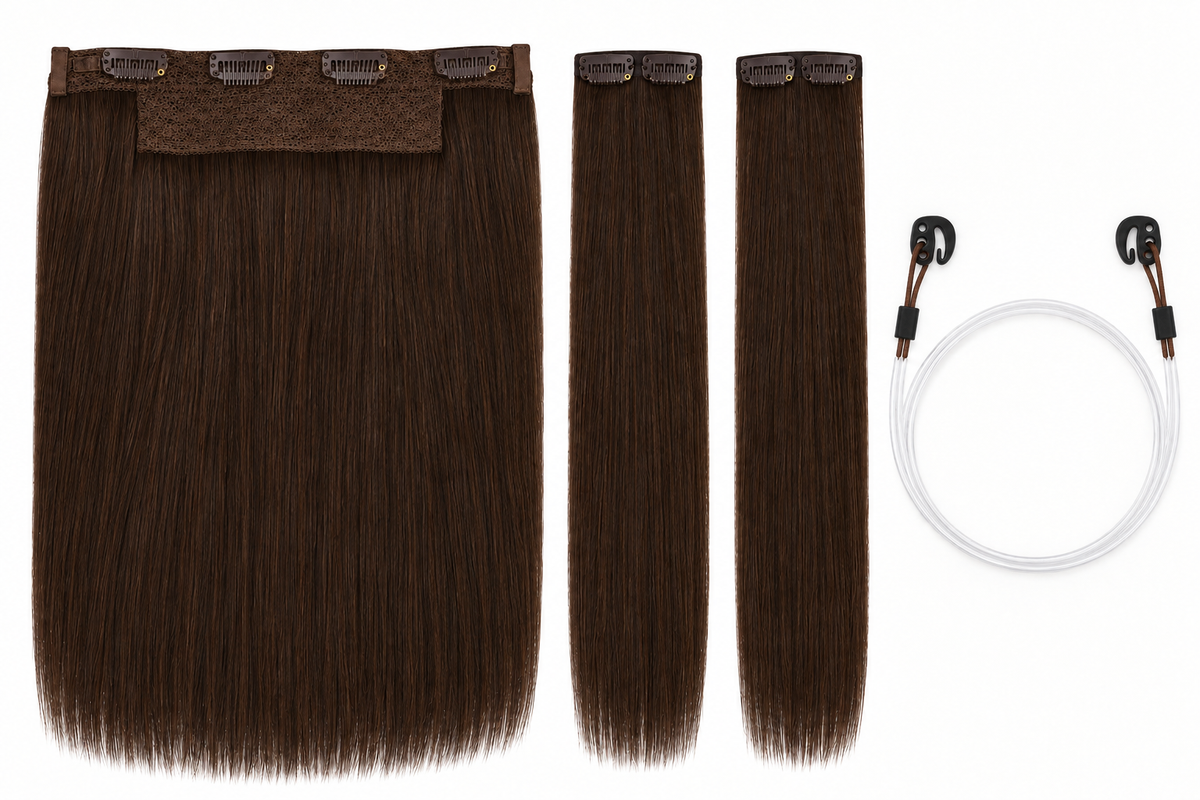 Braunes Remy Extensions Set mit Clips und transparentem Ersatzdraht