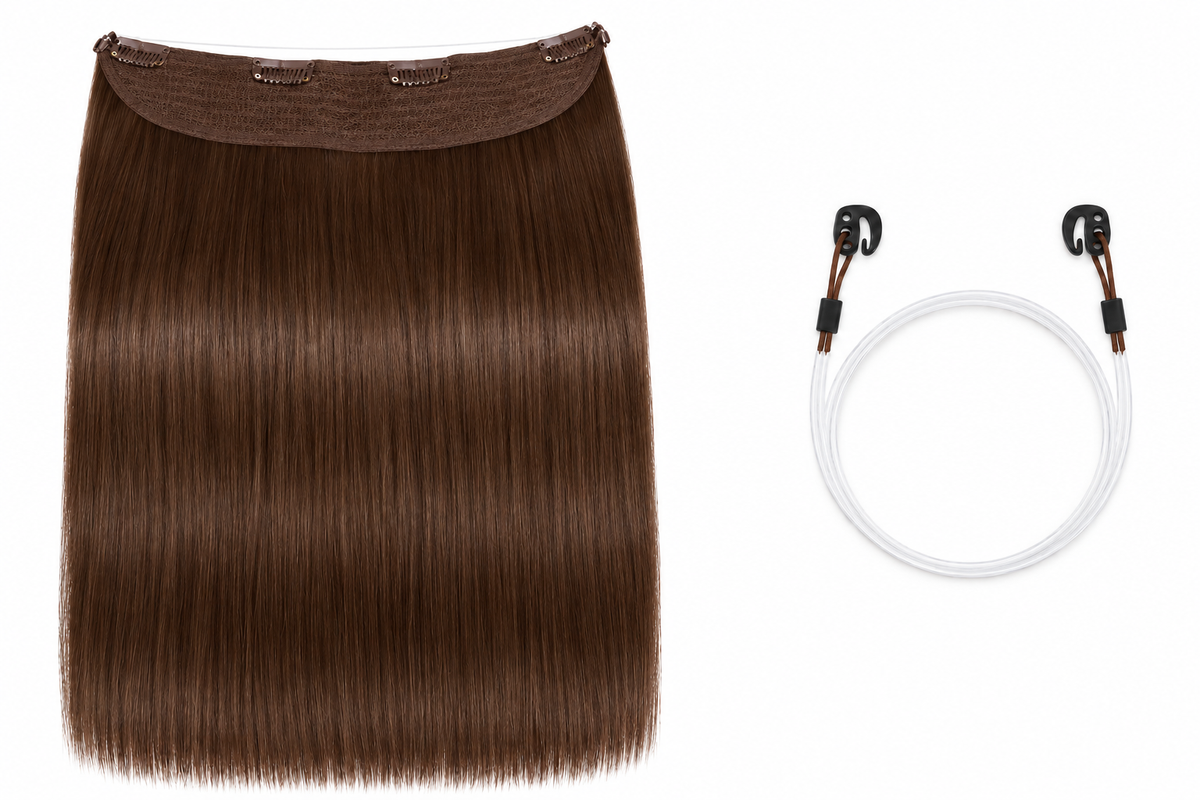 Braune Remy Halo Extensions mit integrierten Clips und Ersatzdrähten